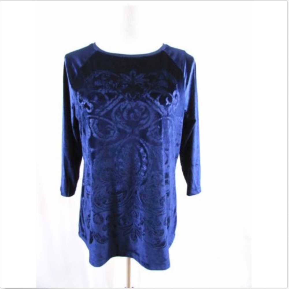 Chicos Embossed Blue Hour Velvet Top 3/4 sleeve